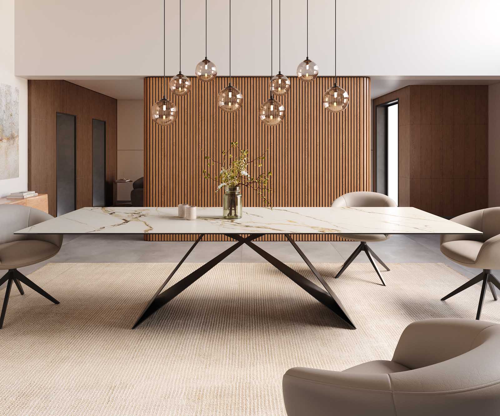 Étkezőasztal Edge 300x100 kerámia Calacatta Luxe fehér arany szürke V alakú láb laposacél fekete - Image 2