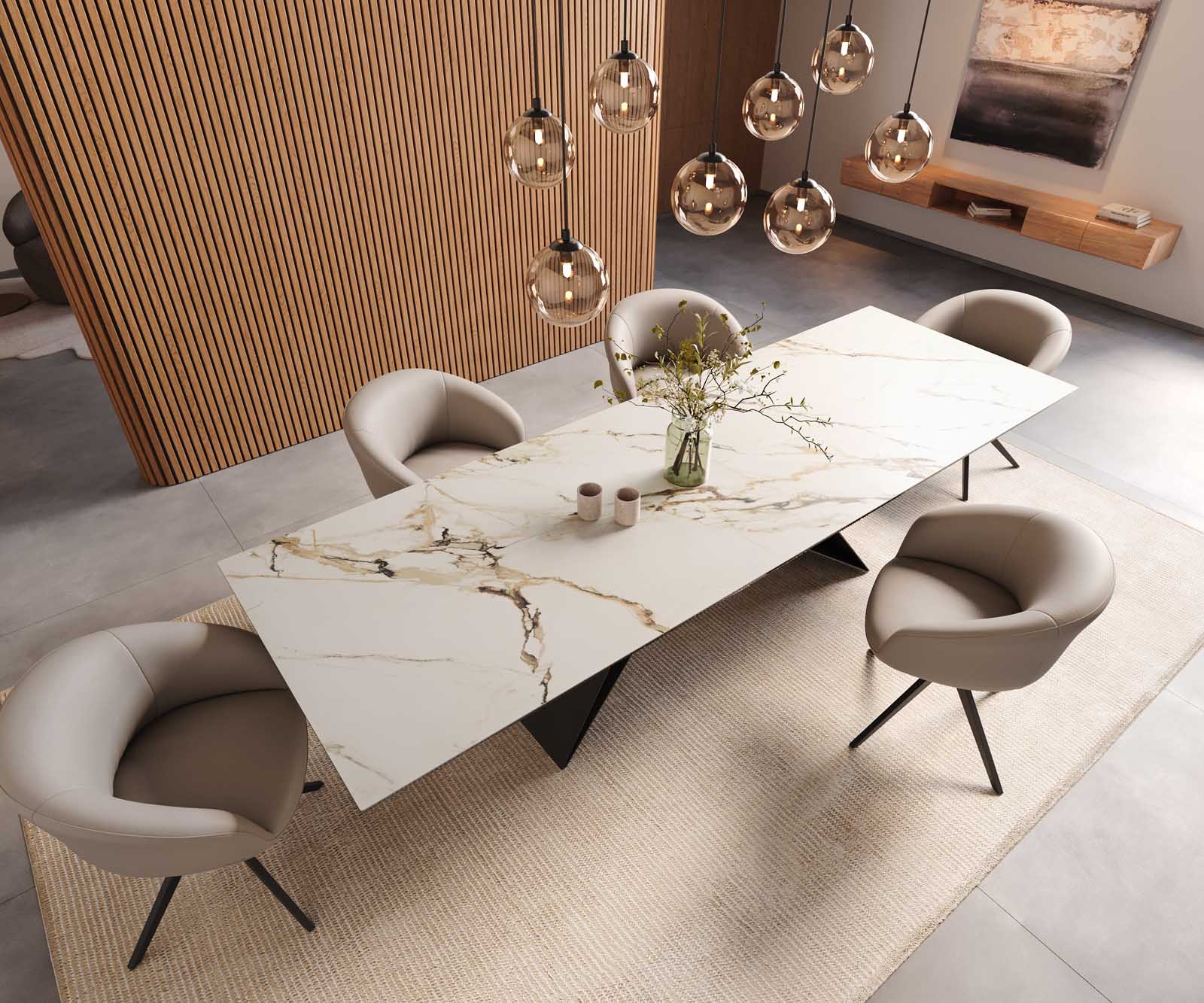 Étkezőasztal Edge 300x100 kerámia Calacatta Luxe fehér arany szürke V alakú láb laposacél fekete - Image 6