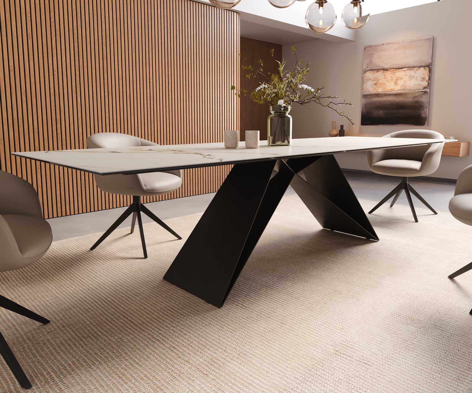 Étkezőasztal Edge 300x100 kerámia Calacatta Luxe fehér arany szürke V alakú láb laposacél fekete - Image 7