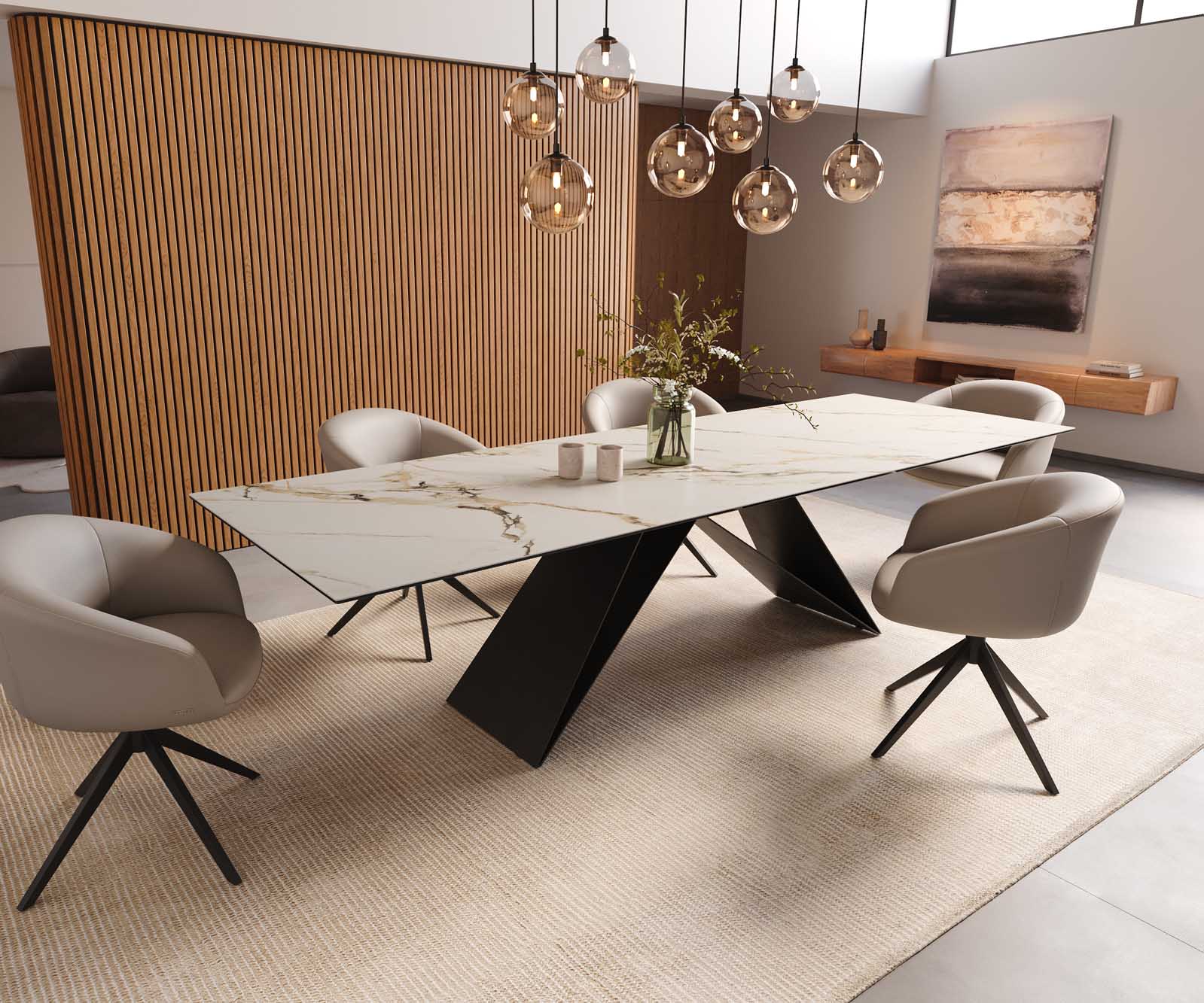 Étkezőasztal Edge 300x100 kerámia Calacatta Luxe fehér arany szürke V alakú láb laposacél fekete - Image 8