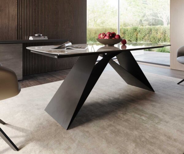 Étkezőasztal Edge hajóformájú 200x100 cm kerámia Minas melange fehér-bézs V alakú láb laposacél fekete - Image 6