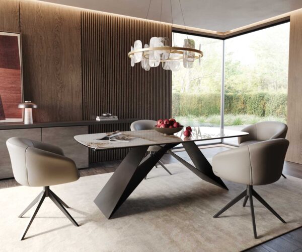 Étkezőasztal Edge hajóformájú 200x100 cm kerámia Minas melange fehér-bézs V alakú láb laposacél fekete - Image 7