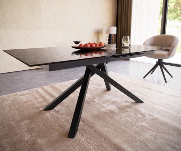 Étkezőasztal Edge 180-220x100 domborított üveg füstfekete 3D design kereszt láb téglalap fekete kihúzható - Image 5