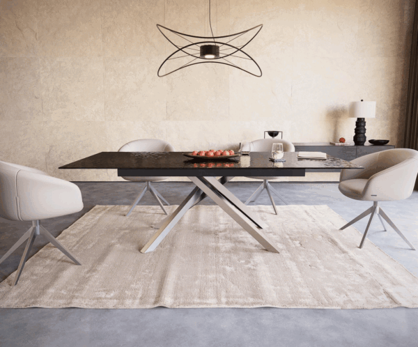 Étkezőasztal Edge 180-220x100 domborított üveg füstfekete 3D design kereszt láb téglalap rozsdamentes acél kihúzható - Image 2
