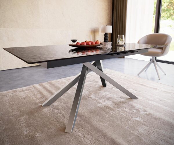 Étkezőasztal Edge 180-220x100 domborított üveg füstfekete 3D design kereszt láb téglalap rozsdamentes acél kihúzható - Image 5