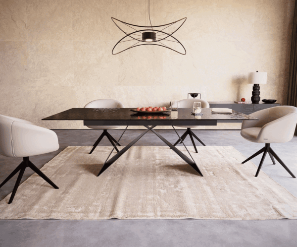 Étkezőasztal Edge 180-220x100 domborított üveg füstfekete 3D design V alakú láb laposacél fekete kihúzható - Image 2