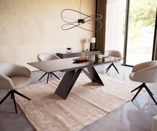 Étkezőasztal Edge 180-220x100 domborított üveg füstfekete 3D design V alakú láb laposacél fekete kihúzható - Image 6