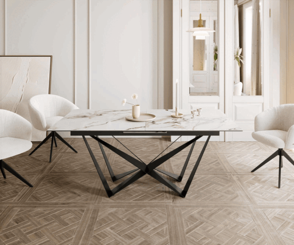 Étkezőasztal Edge 180-220x100 kerámia calacatta luxe fehér arany szürke spider laposacél fekete kihúzható - Image 2
