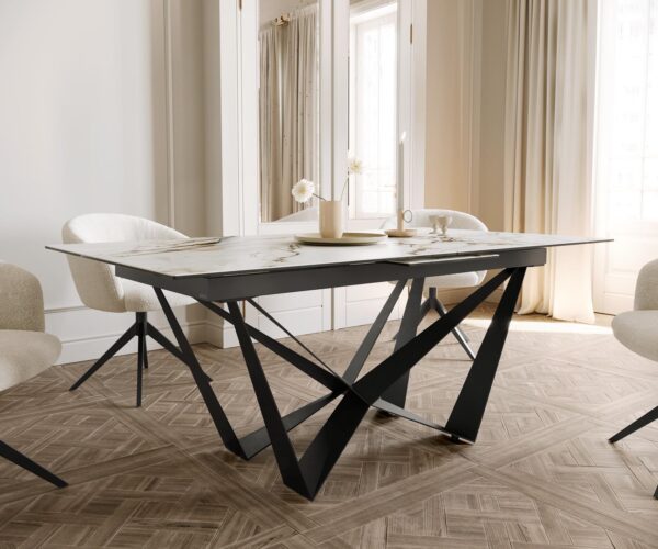 Étkezőasztal Edge 180-220x100 kerámia calacatta luxe fehér arany szürke spider laposacél fekete kihúzható - Image 6