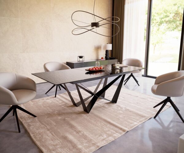 Étkezőasztal Edge 180-220x100 domborított üveg füstfekete 3D design Spider laposacél fekete kihúzható - Image 6