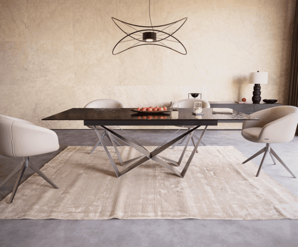 Étkezőasztal Edge 180-220x100 domborított üveg füstfekete 3D design Spider laposacél rozsdamentes acél kihúzható - Image 2