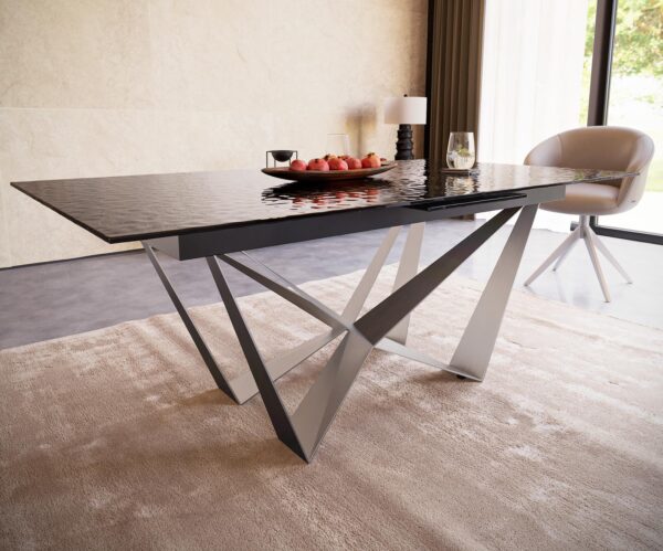 Étkezőasztal Edge 180-220x100 domborított üveg füstfekete 3D design Spider laposacél rozsdamentes acél kihúzható - Image 5