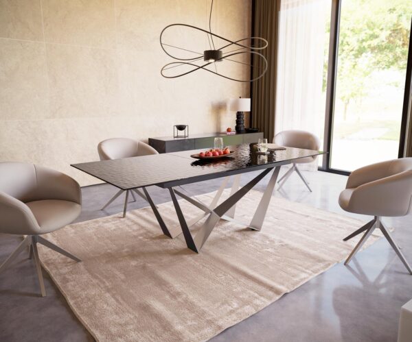 Étkezőasztal Edge 180-220x100 domborított üveg füstfekete 3D design Spider laposacél rozsdamentes acél kihúzható - Image 6
