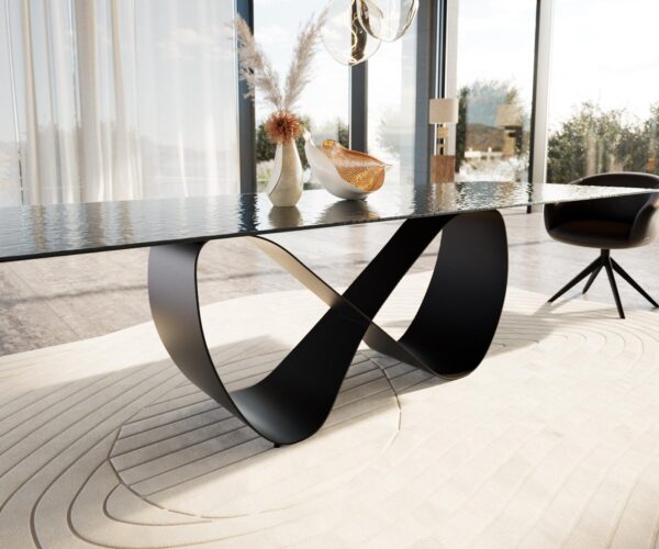 Étkezőasztal Edge 300x100 domborított üveg füstfekete 3D design Infinity fekete fém - Image 5
