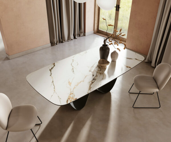 Étkezőasztal Edge hajóformájú 240x120 cm kerámia Calacatta Luxe fehér arany szürke Infinity fém fekete - Image 5