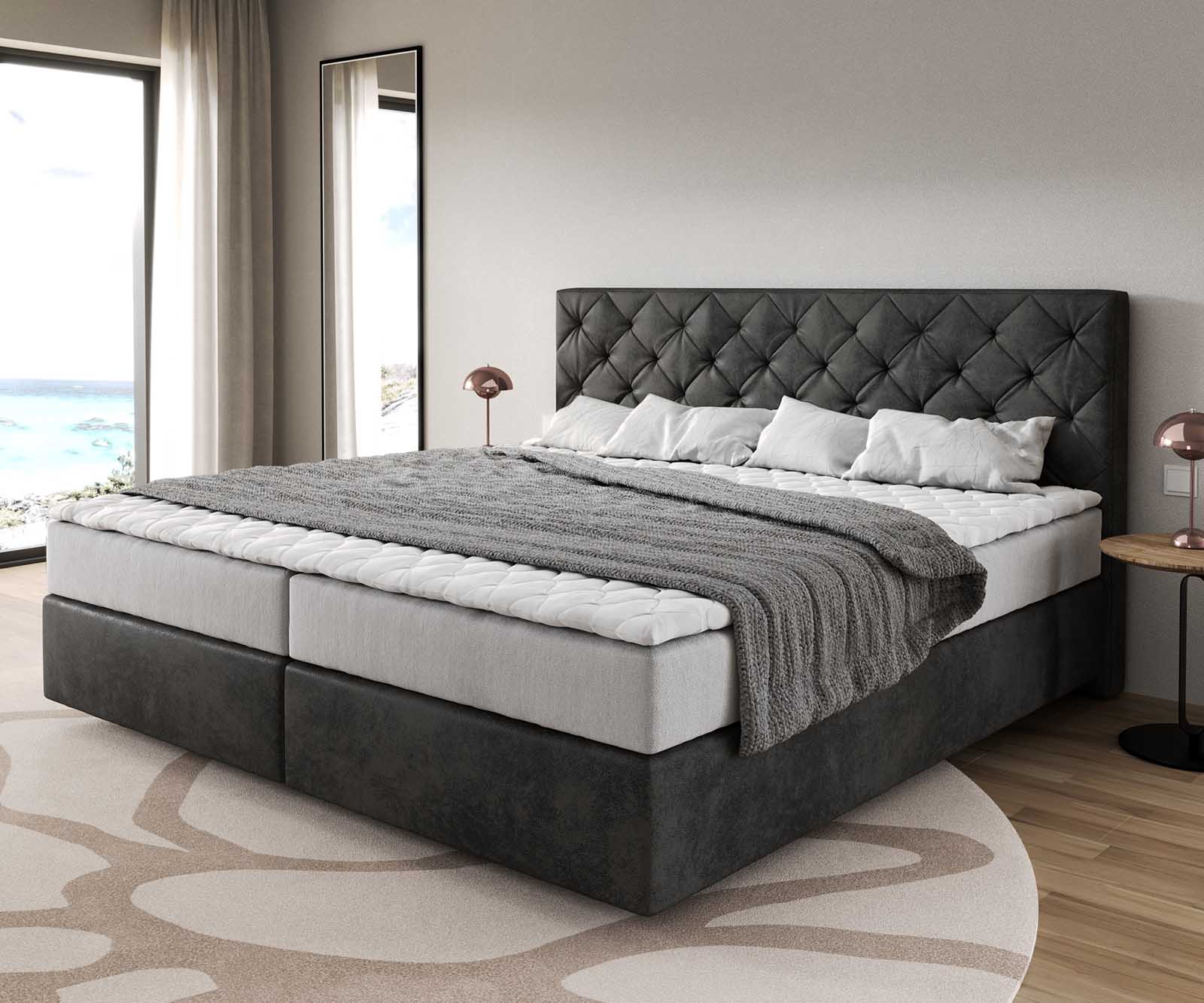 Boxspring ágy Dream-Great mikroszálas antracit vintage 200x200 cm zsákrugós matraccal és visco topperrel