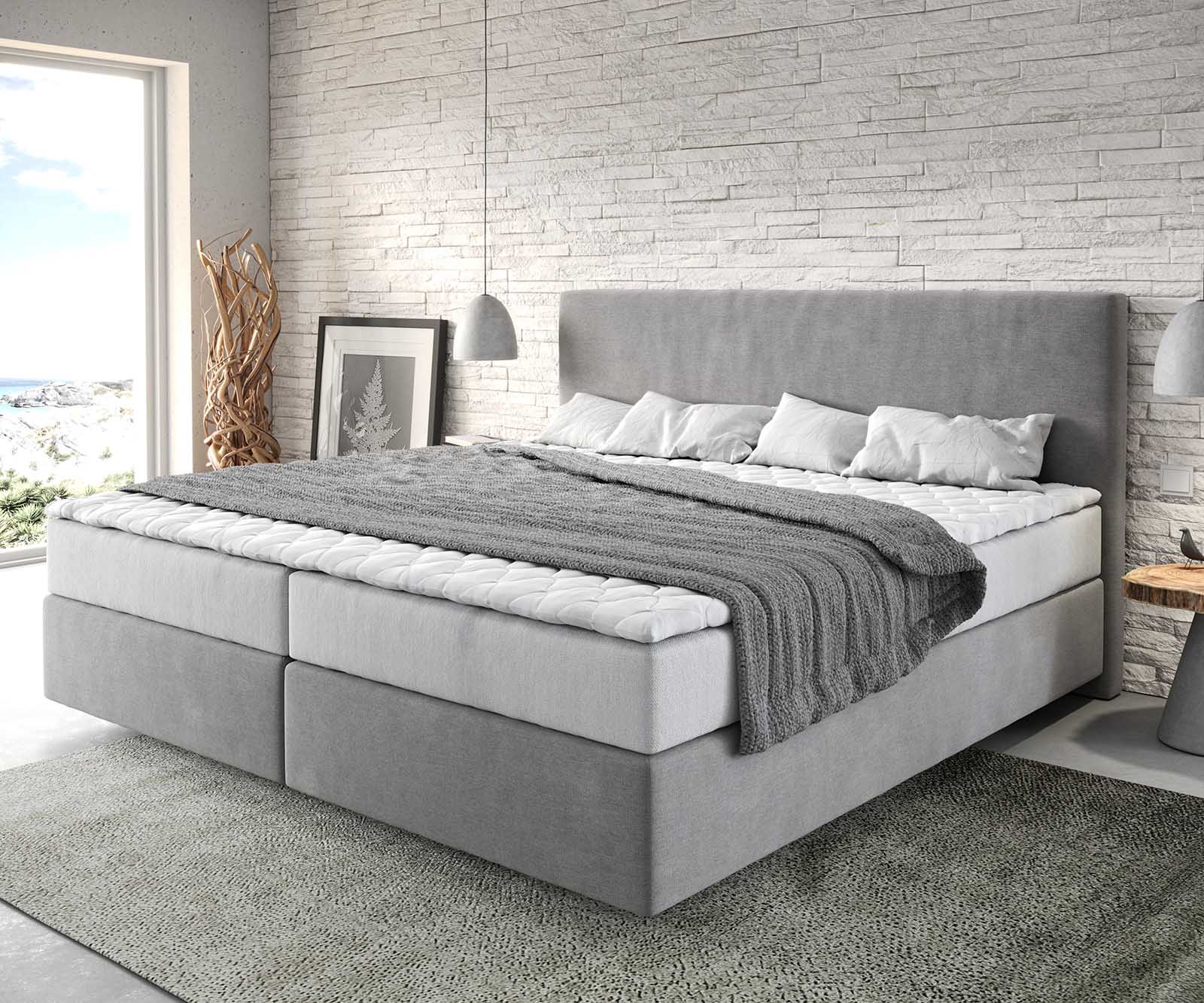 Boxspring ágy Dream-Well mikroszálas szürke 200x200 cm zsákrugós matraccal és visco topperrel