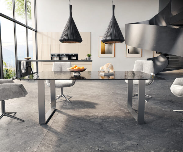 Étkezőasztal Edge 200x100 domborított üveg füstfekete 3D design rozsdamentes acél keskeny - Image 2