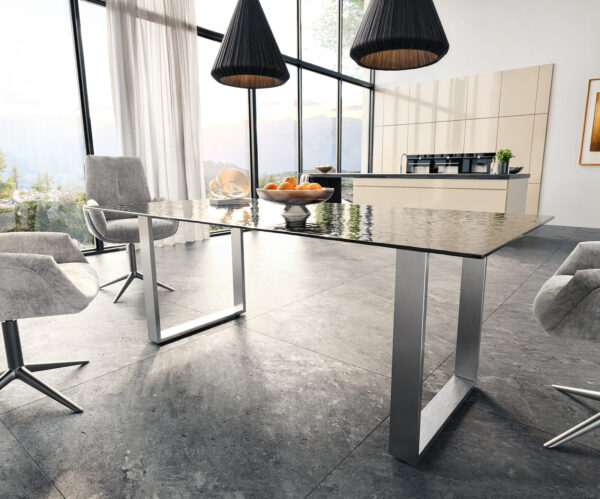 Étkezőasztal Edge 200x100 domborított üveg füstfekete 3D design rozsdamentes acél keskeny - Image 4