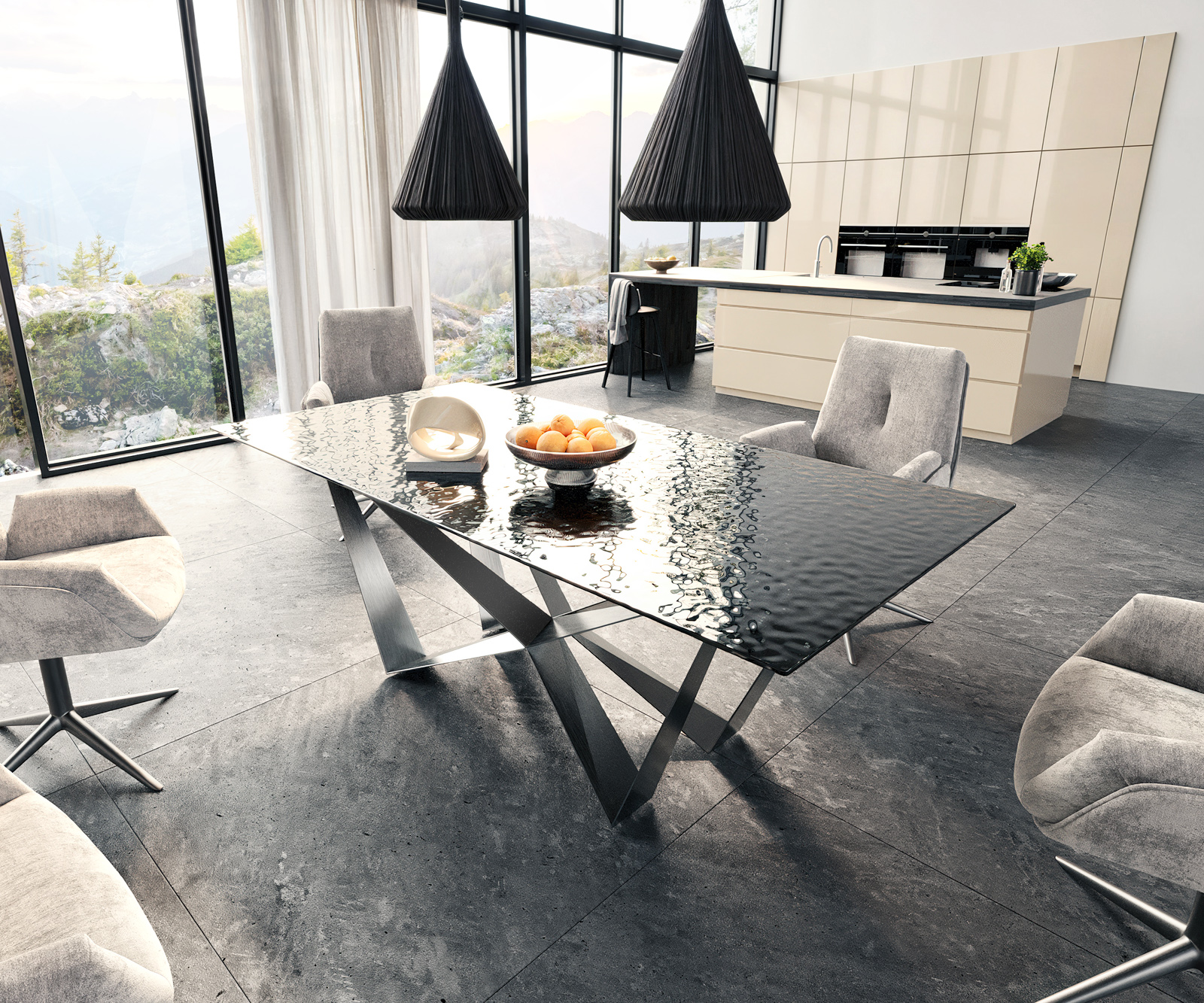 Étkezőasztal Edge 200x100 domborított üveg füstfekete 3D design Spider laposacél rozsdamentes acél