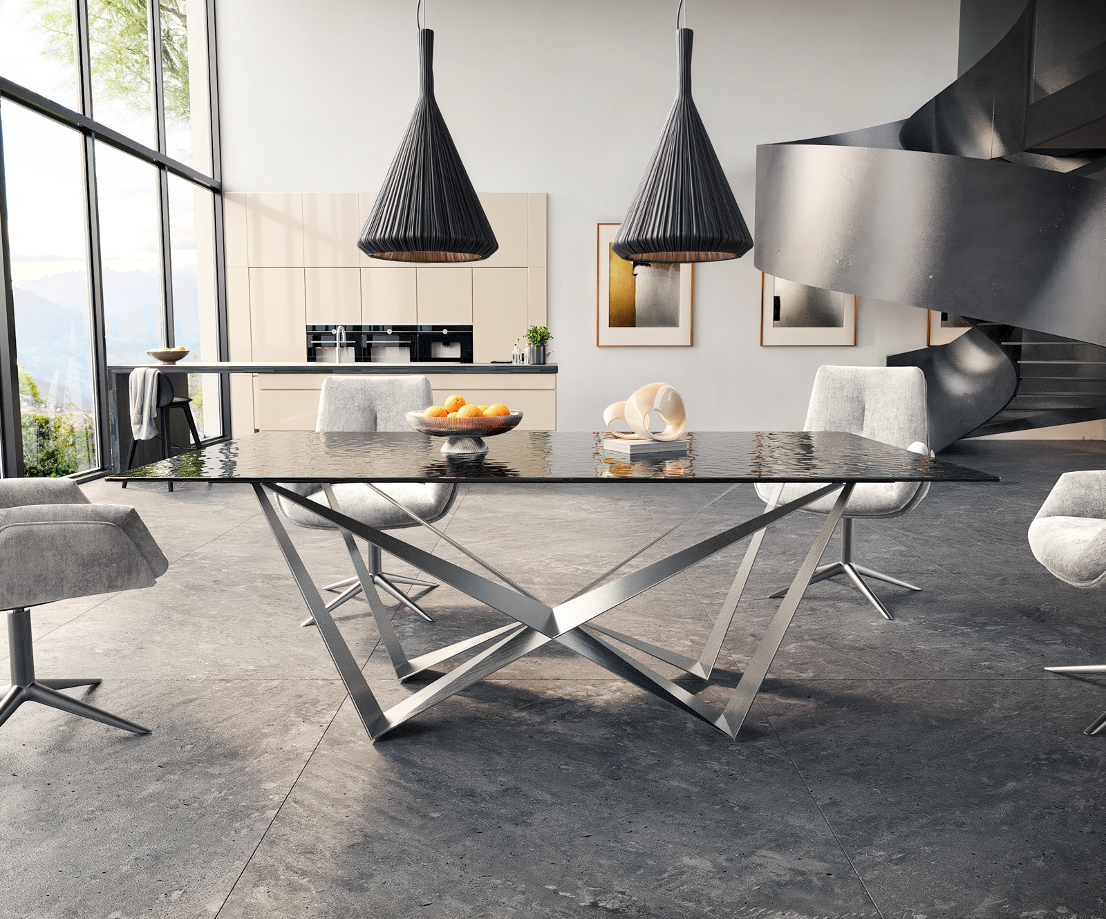 Étkezőasztal Edge 200x100 domborított üveg füstfekete 3D design Spider laposacél rozsdamentes acél - Image 2