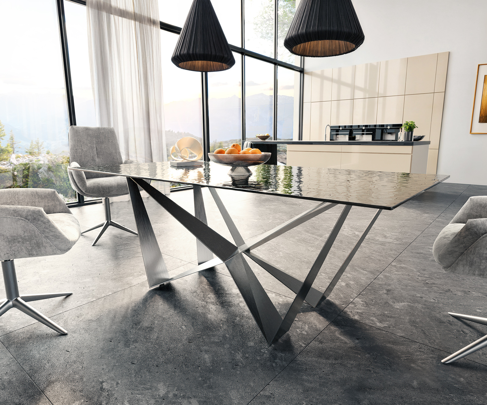 Étkezőasztal Edge 200x100 domborított üveg füstfekete 3D design Spider laposacél rozsdamentes acél - Image 4