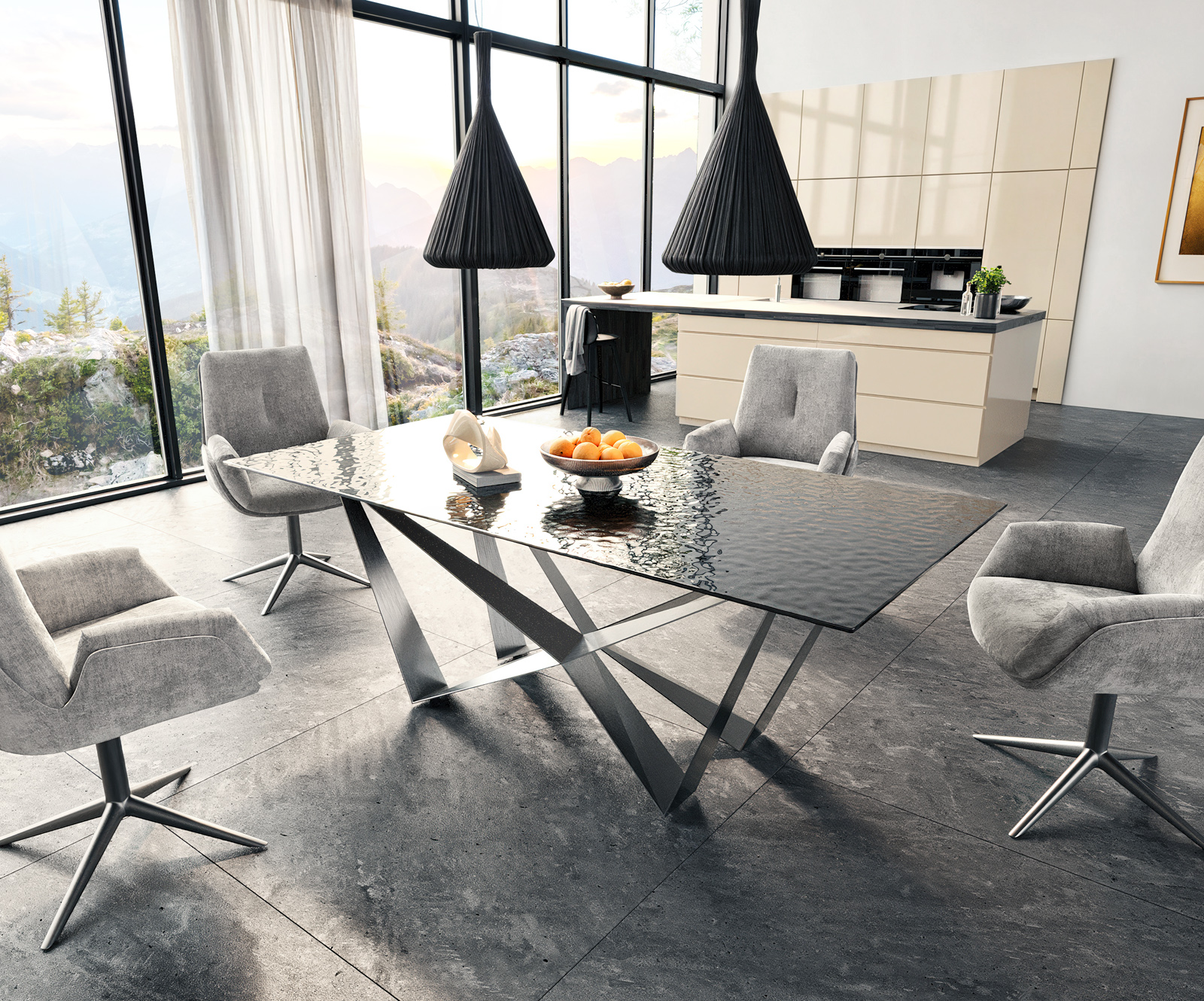 Étkezőasztal Edge 200x100 domborított üveg füstfekete 3D design Spider laposacél rozsdamentes acél - Image 6