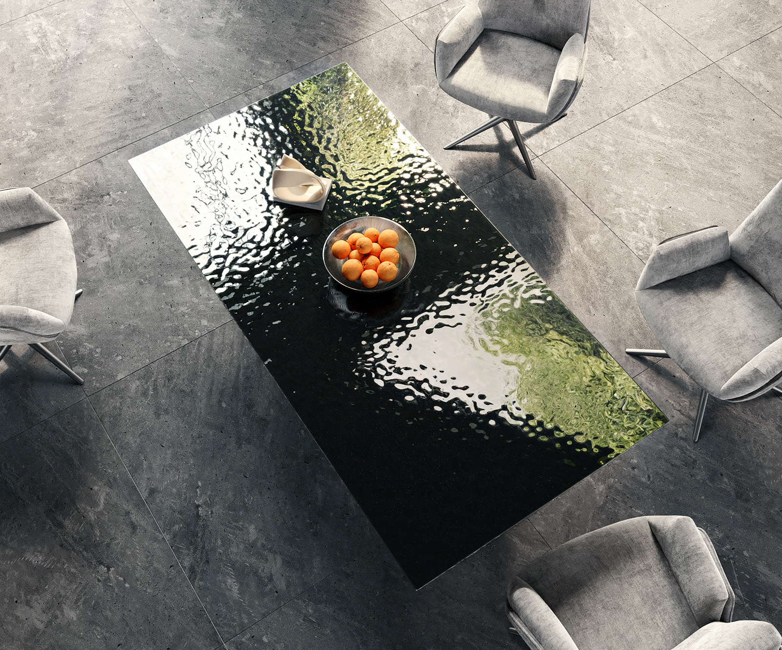 Étkezőasztal Edge 200x100 domborított üveg füstfekete 3D design Spider laposacél rozsdamentes acél - Image 5