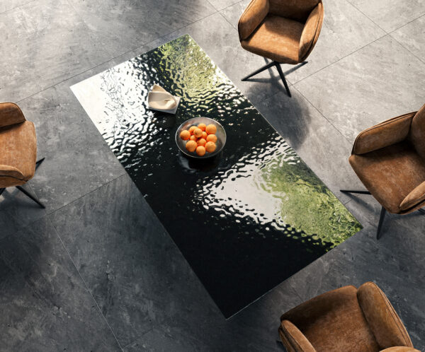 Étkezőasztal Edge 200x100 domborított üveg füstfekete 3D design kereszt láb téglalap fekete - Image 5