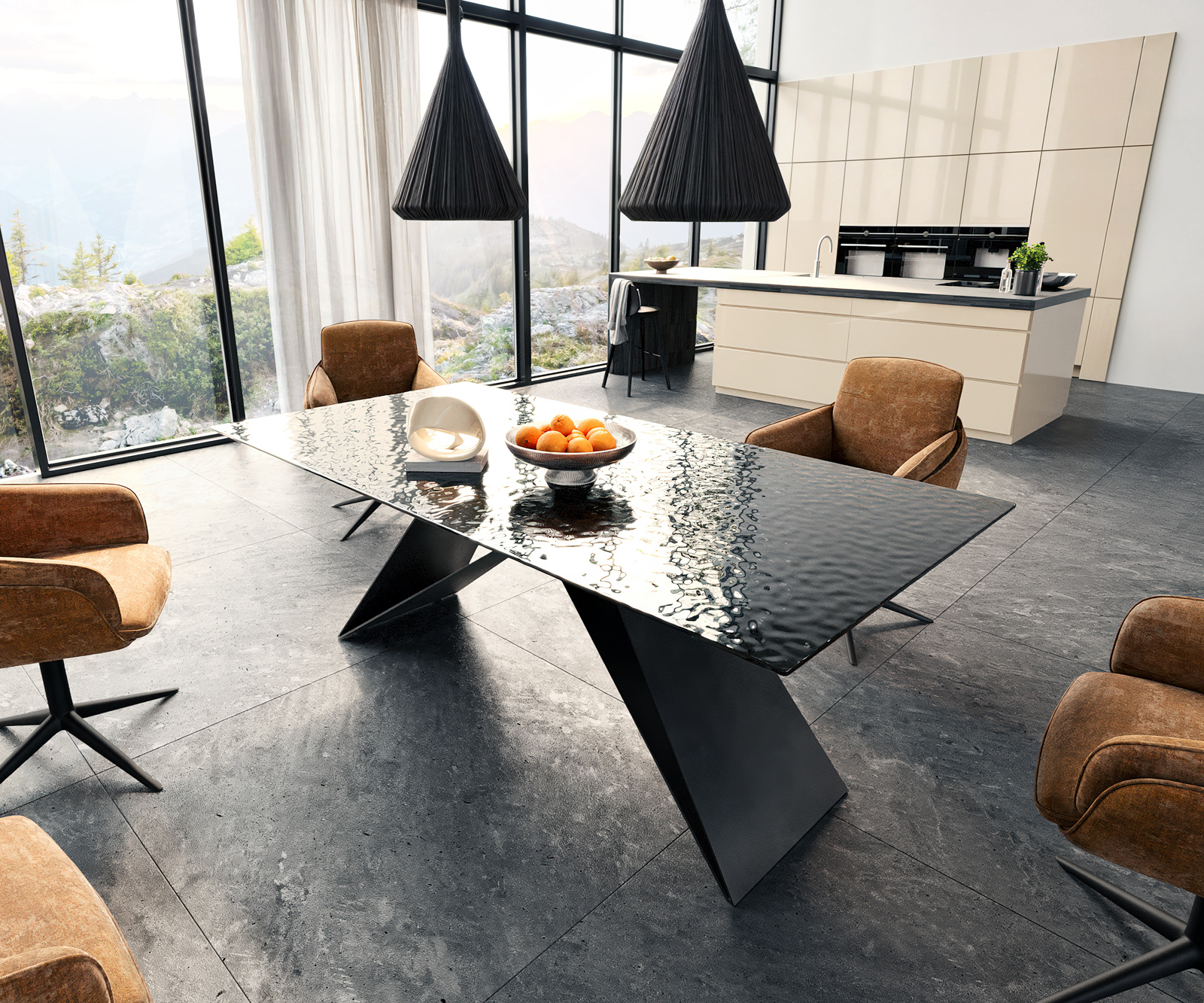 Étkezőasztal Edge 200x100 domborított üveg füstfekete 3D design V alakú láb laposacél fekete