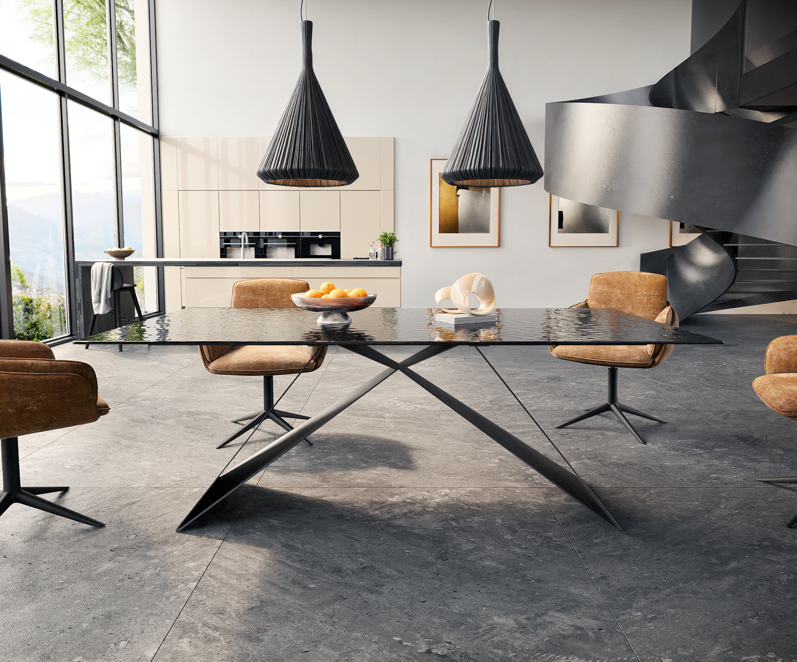 Étkezőasztal Edge 200x100 domborított üveg füstfekete 3D design V alakú láb laposacél fekete - Image 2