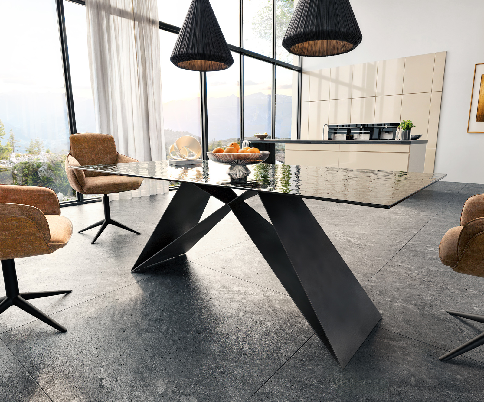 Étkezőasztal Edge 200x100 domborított üveg füstfekete 3D design V alakú láb laposacél fekete - Image 4