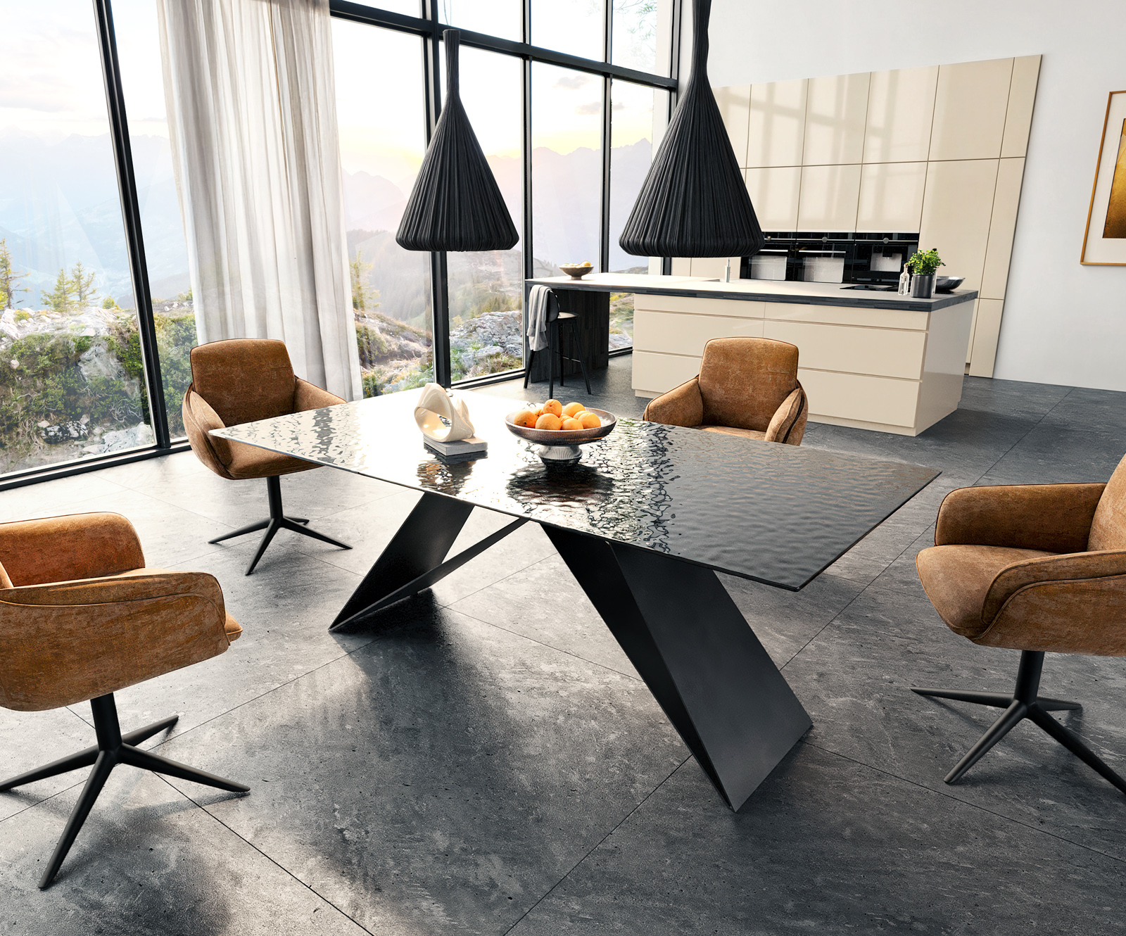 Étkezőasztal Edge 200x100 domborított üveg füstfekete 3D design V alakú láb laposacél fekete - Image 6