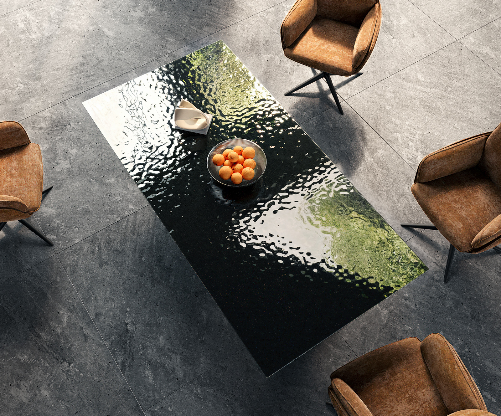 Étkezőasztal Edge 200x100 domborított üveg füstfekete 3D design V alakú láb laposacél fekete - Image 5