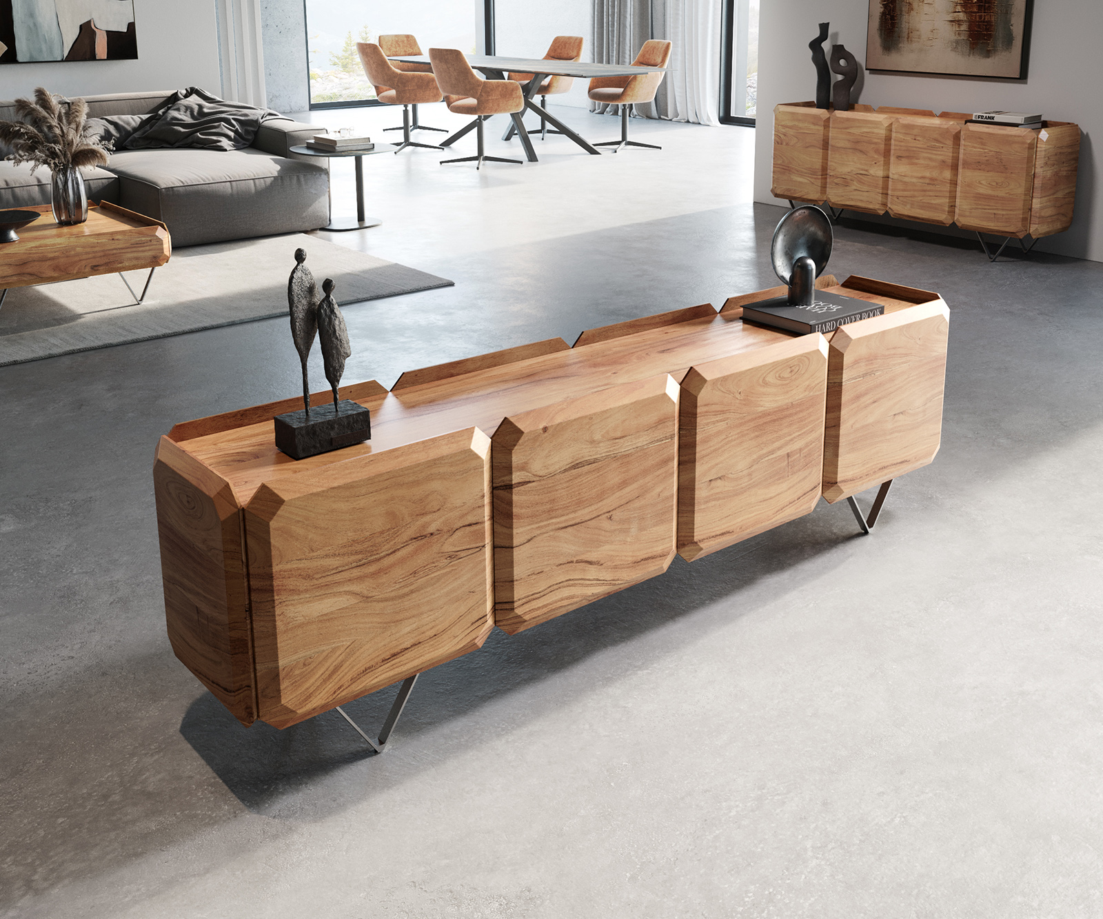 TV szekrény Kiano 200 cm akác természetes 4 ajtós V láb rozsdamentes acél térelválasztó