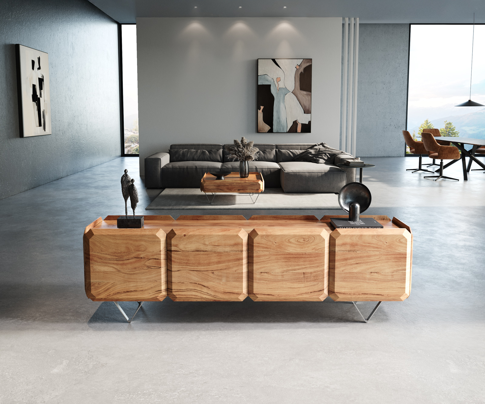 TV szekrény Kiano 200 cm akác természetes 4 ajtós V láb rozsdamentes acél térelválasztó - Image 2