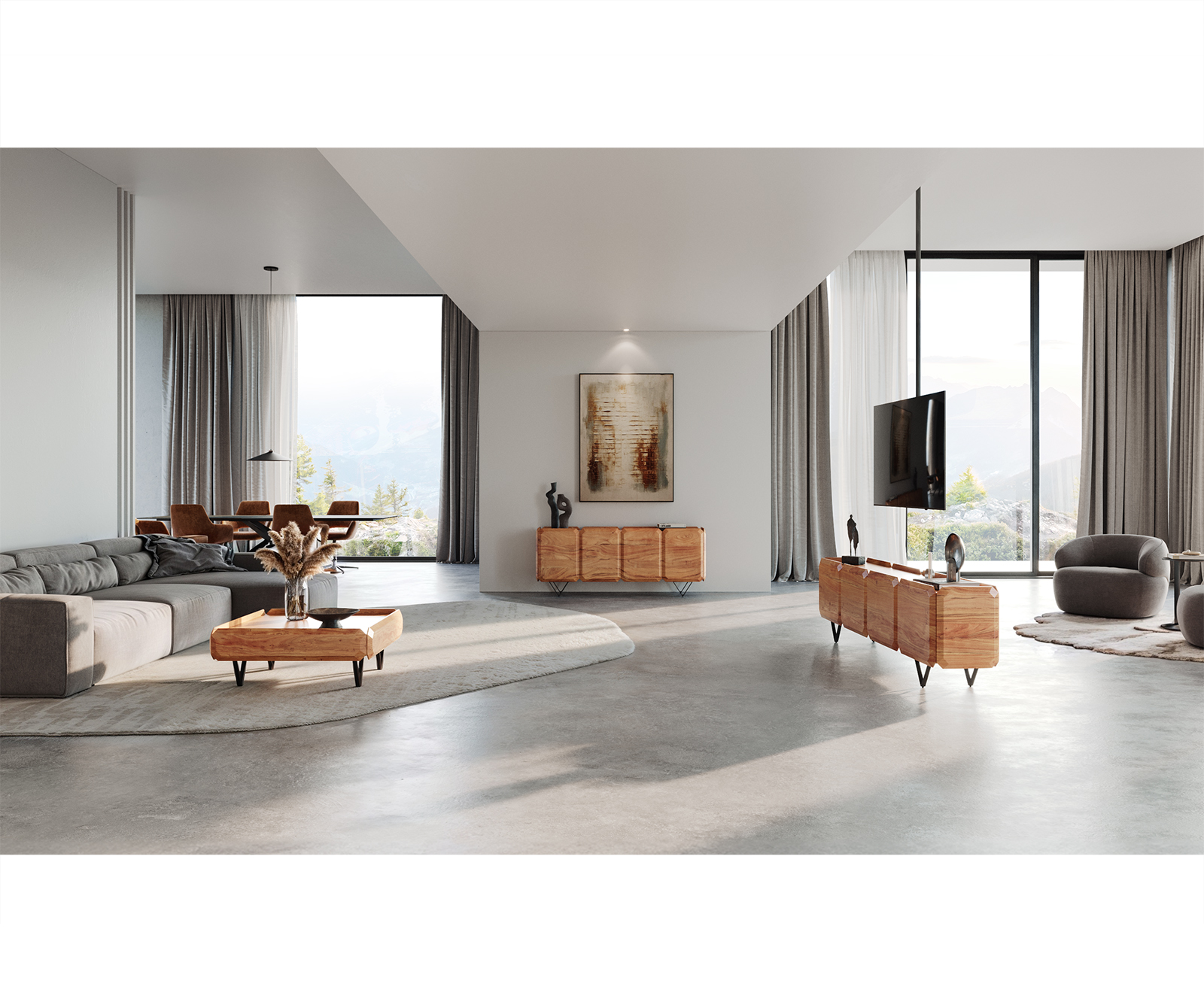 TV szekrény Kiano 200 cm akác természetes 4 ajtós V láb rozsdamentes acél térelválasztó - Image 6