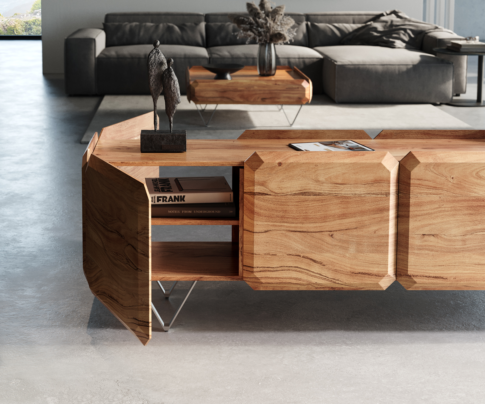 TV szekrény Kiano 200 cm akác természetes 4 ajtós V láb rozsdamentes acél térelválasztó - Image 5