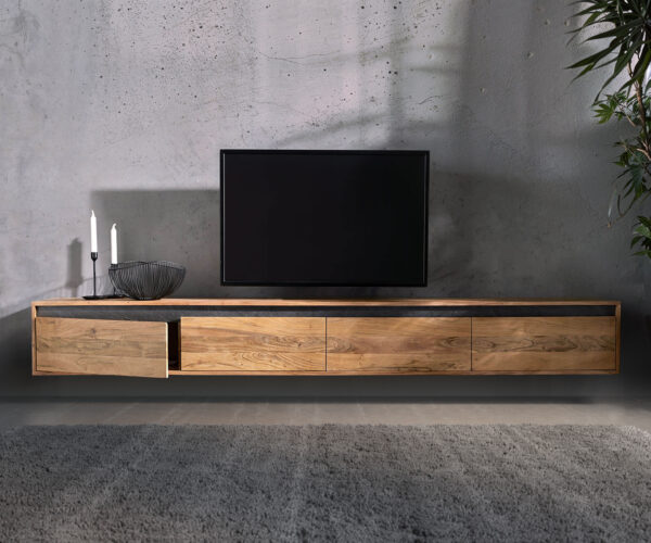 Design TV szekrény Stonegrace 240 cm akác természetes pala 4 ajtós lebegő - Image 5