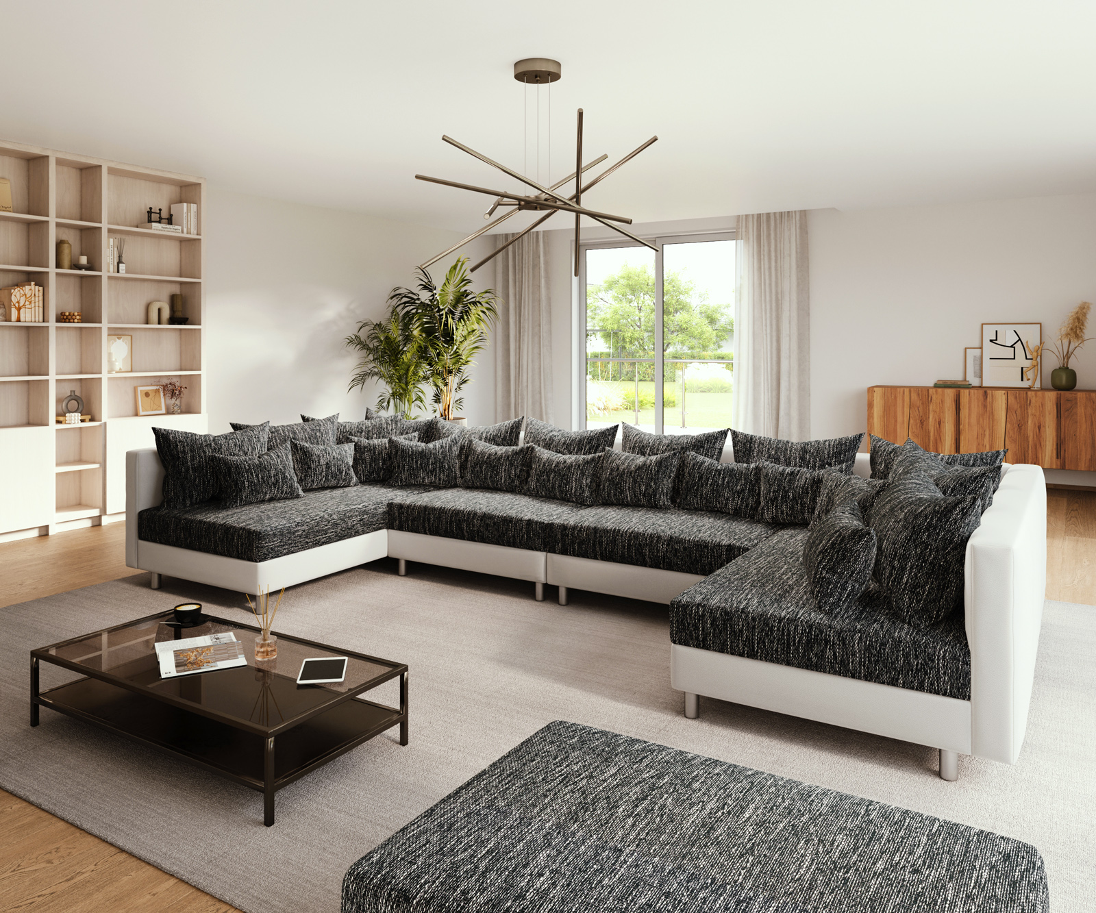 "U alakú kanapé Clovis XL fehér fekete puff moduláris"