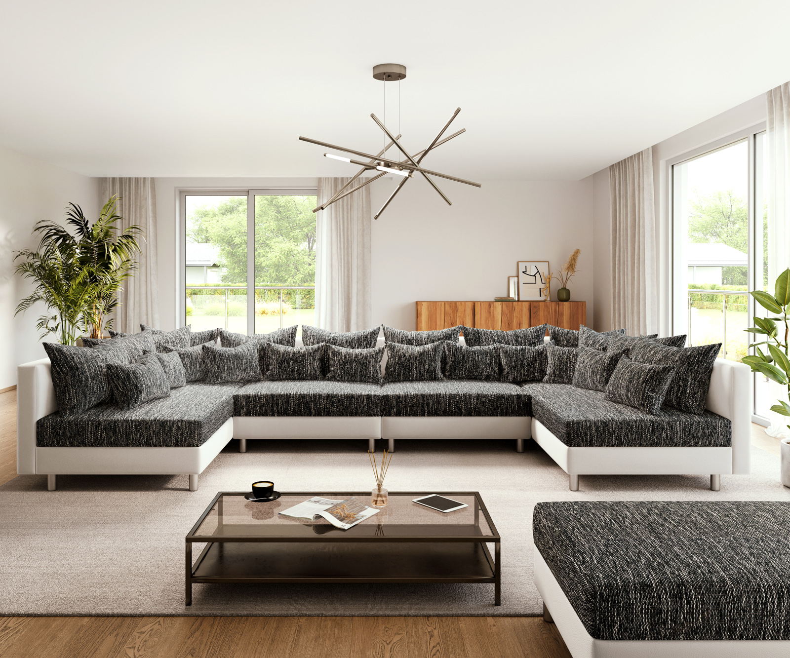 "U alakú kanapé Clovis XL fehér fekete puff moduláris" - Image 2