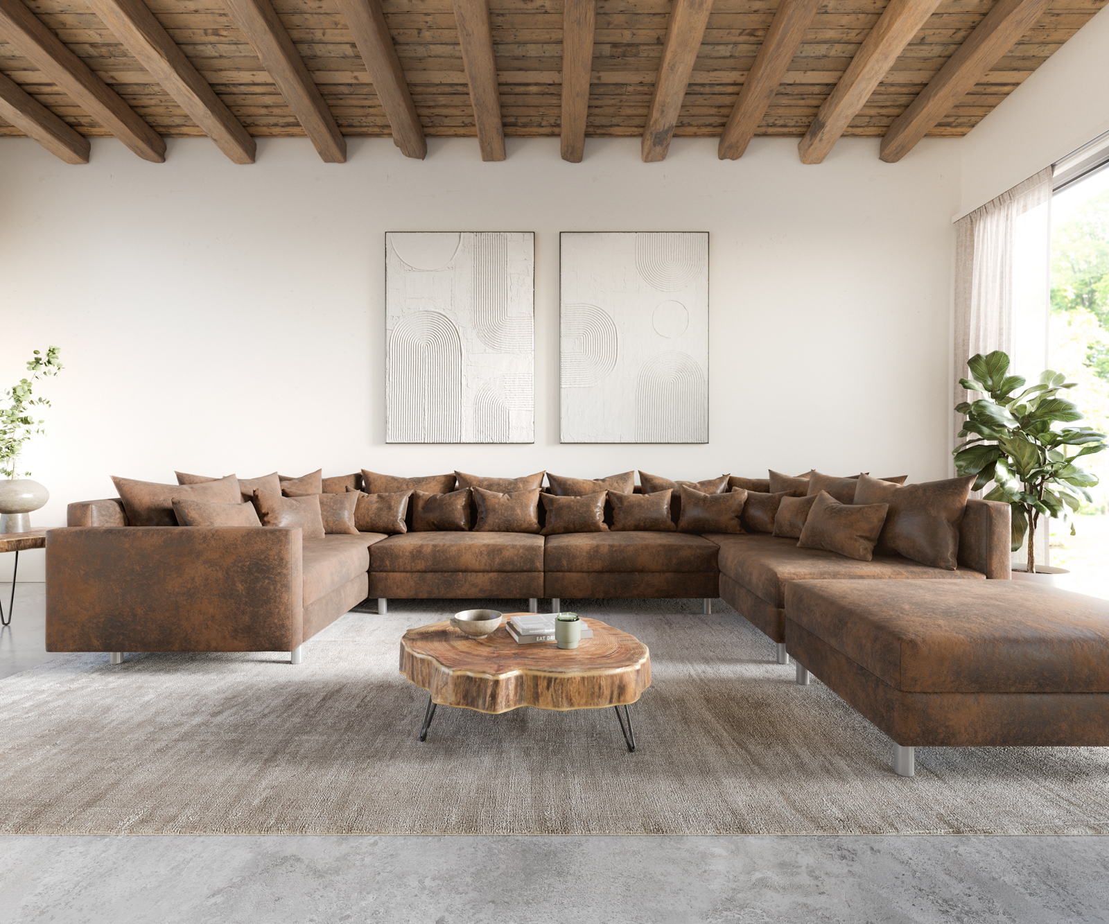 "U alakú kanapé Clovis XL moduláris barna vintage puff karfa" - Image 2