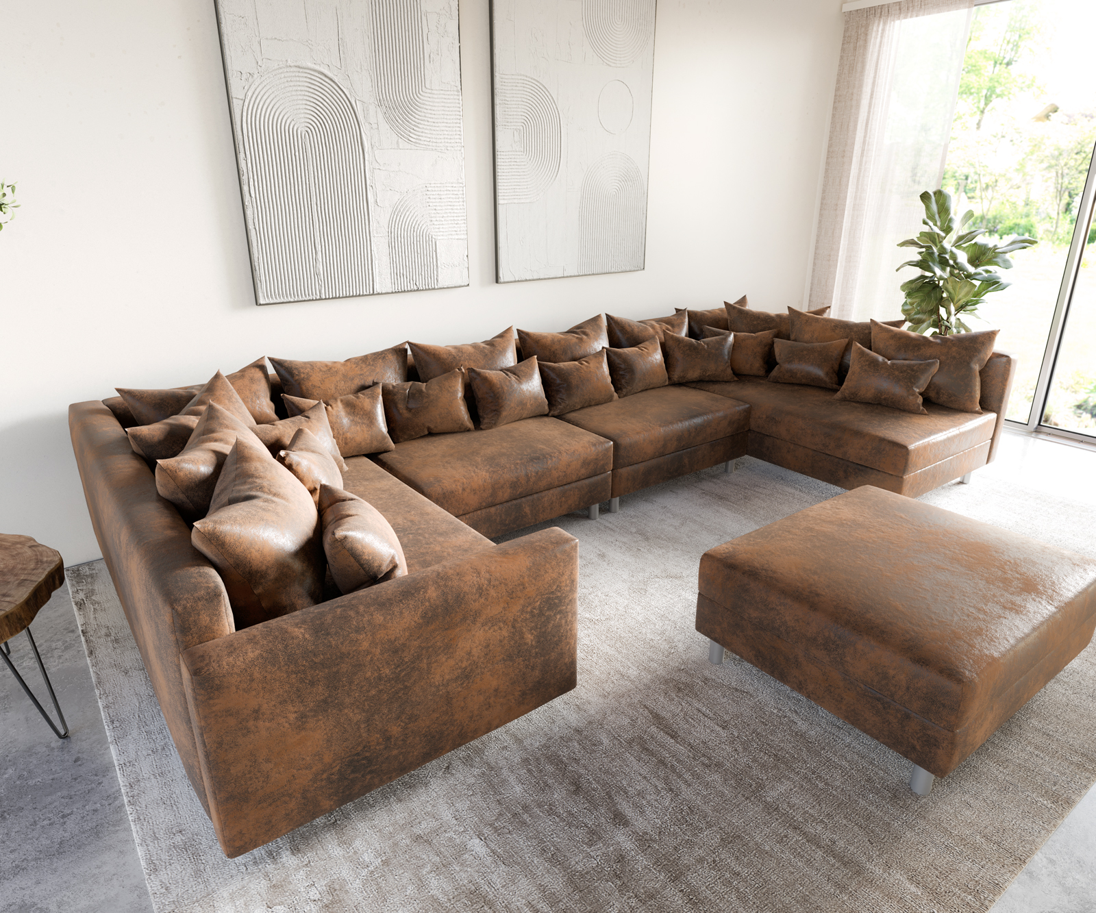 "U alakú kanapé Clovis XL moduláris barna vintage puff karfa"