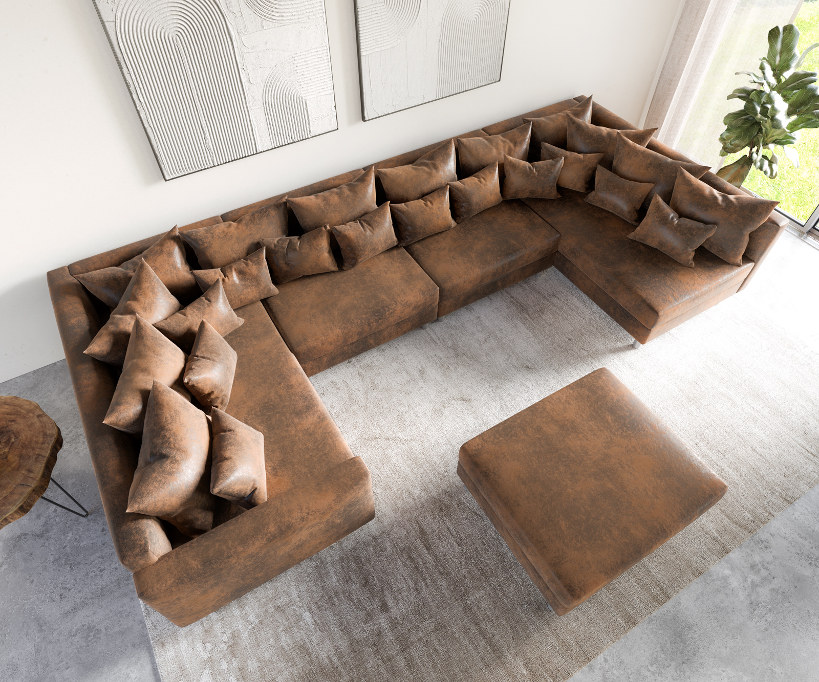 "U alakú kanapé Clovis XL moduláris barna vintage puff karfa" - Image 4