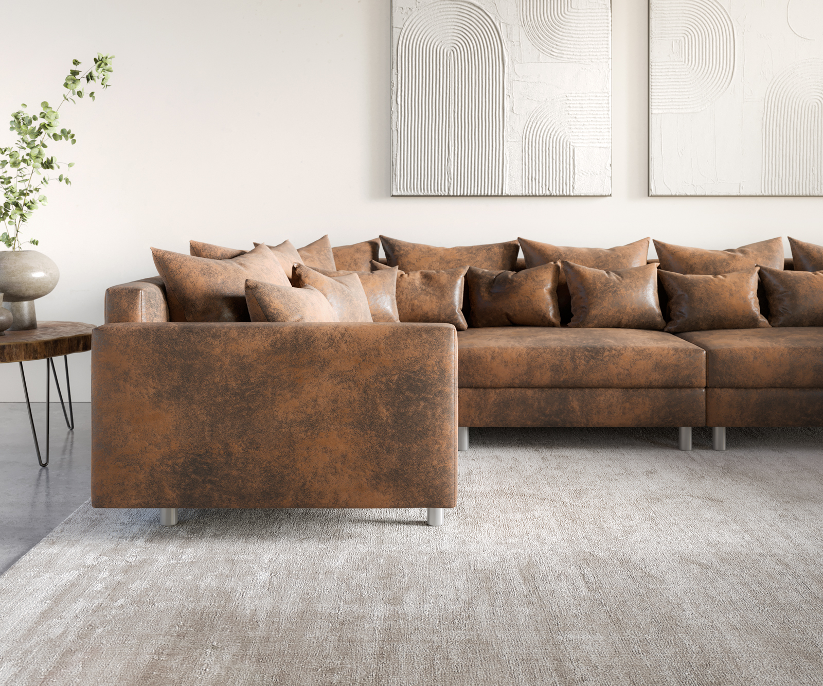 "U alakú kanapé Clovis XL moduláris barna vintage puff karfa" - Image 6