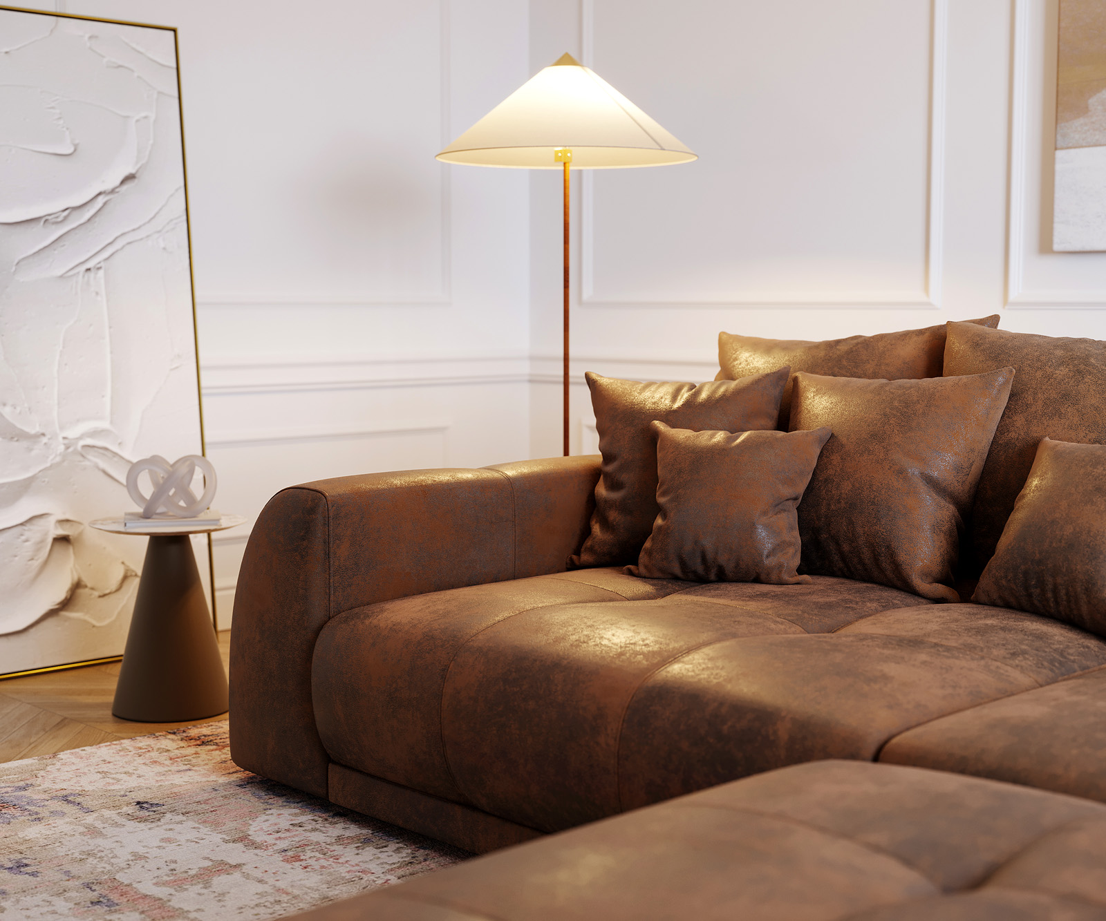 Nagy kanapé Violetta 310x135 barna vintage megjelenés puff párnával - Image 5