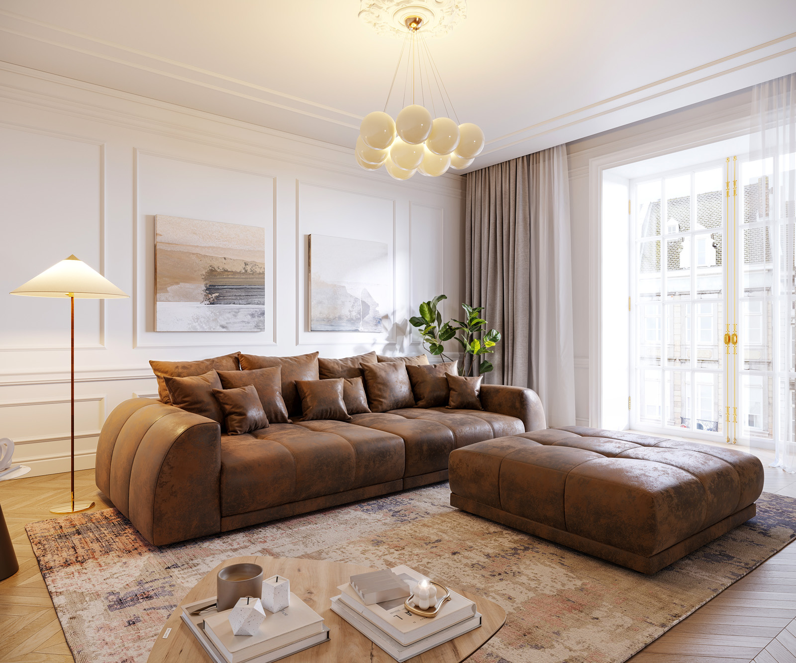 Nagy kanapé Violetta 310x135 barna vintage megjelenés puff párnával