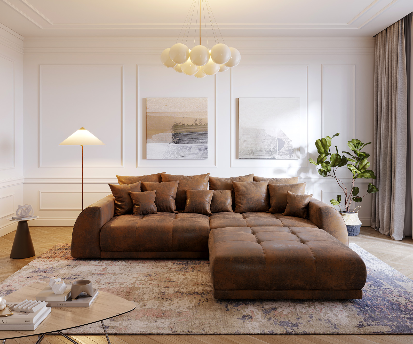 Nagy kanapé Violetta 310x135 barna vintage megjelenés puff párnával - Image 2