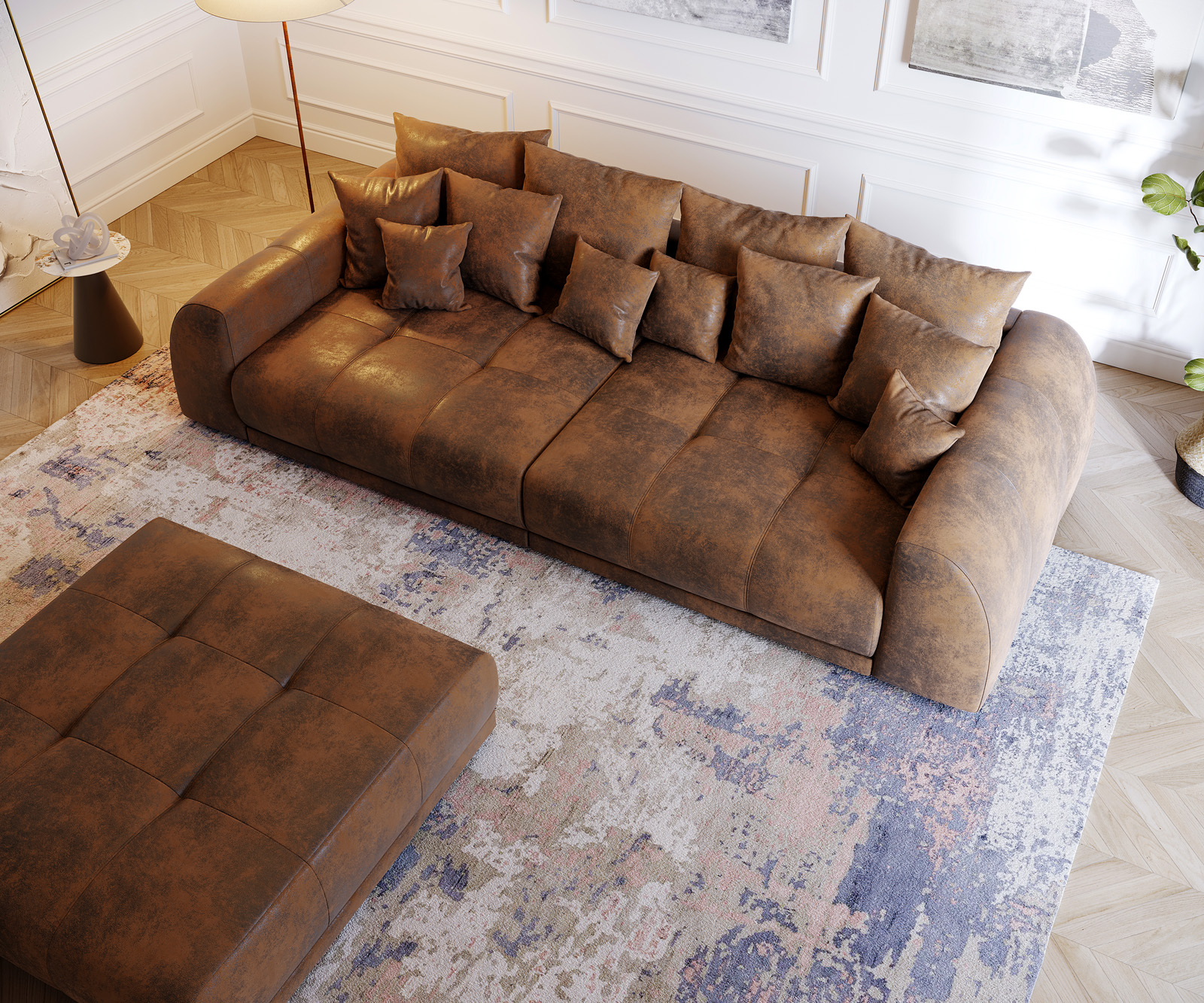 Nagy kanapé Violetta 310x135 barna vintage megjelenés puff párnával - Image 4