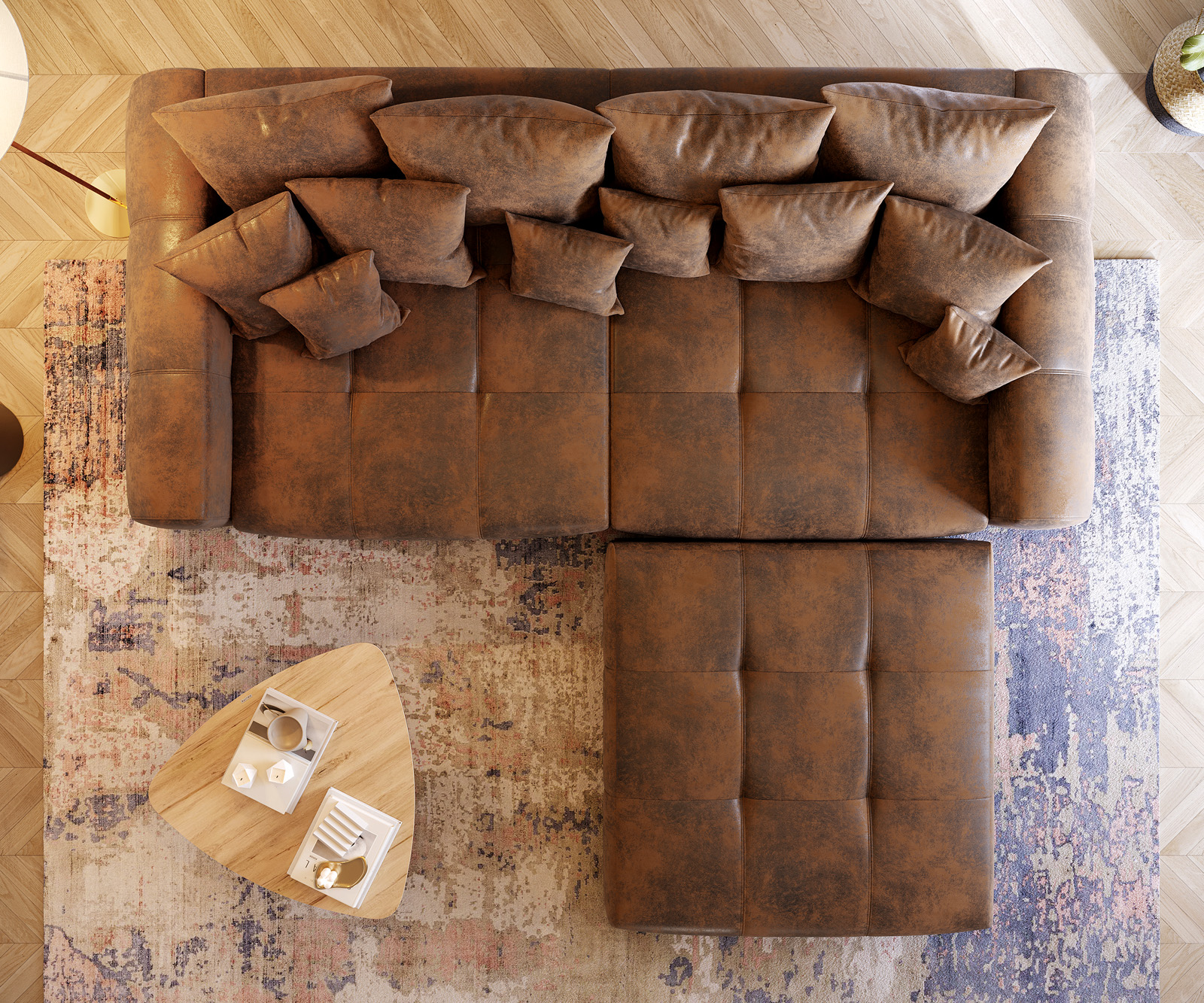 Nagy kanapé Violetta 310x135 barna vintage megjelenés puff párnával - Image 6